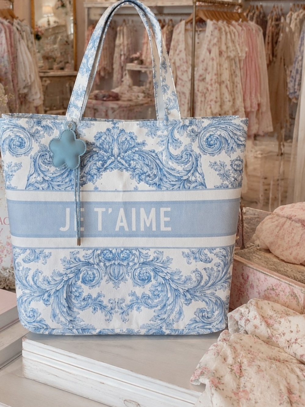 Je T'aime Blue Scroll Print Tote Bag